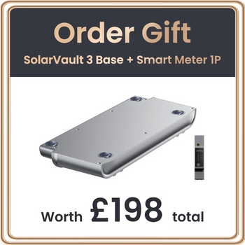 Promotional graphic for a SolarVault 3 Base + Smart Meter 1P order gift, showing a silver metal solar battery base and a small smart meter device on a white background with dark gray text panels and a gold border.