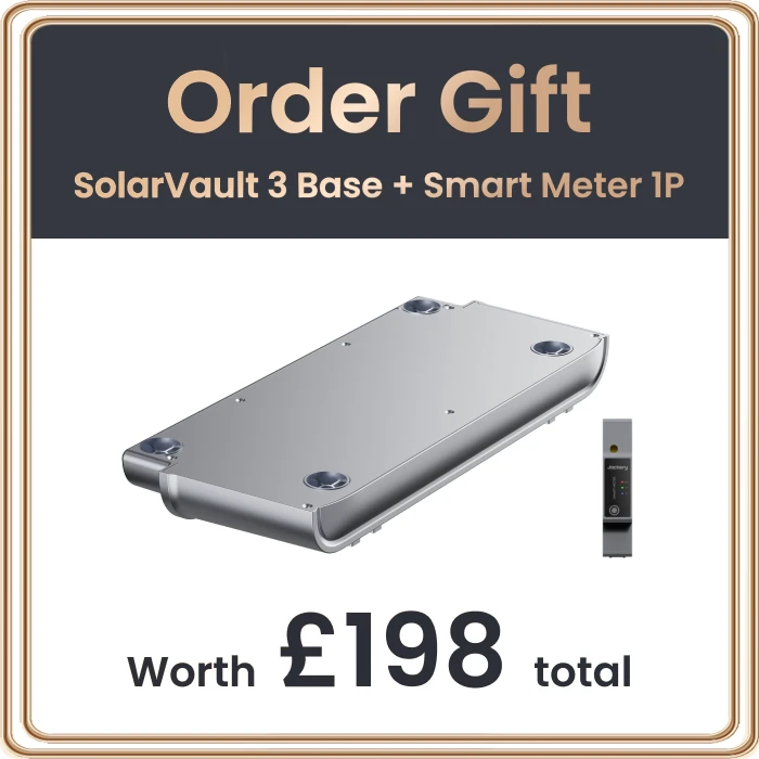 Promotional graphic for a SolarVault 3 Base + Smart Meter 1P order gift, showing a silver metal solar battery base and a small smart meter device on a white background with dark gray text panels and a gold border.