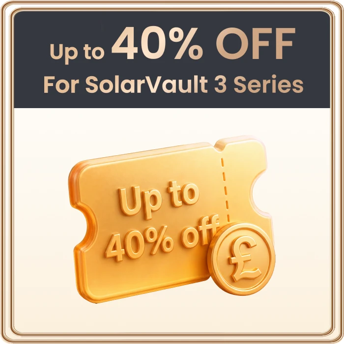 Promotional graphic for SolarVault 3 Series offering up to 40% off, featuring a golden ticket and coin icon on a light cream background with a dark charcoal header at the top.