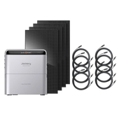 Jackery Solar Battery with a silver and black portable home battery Storage, 4 pieces 500W black solar panels, and 8 10M solar extension cables on a white background.