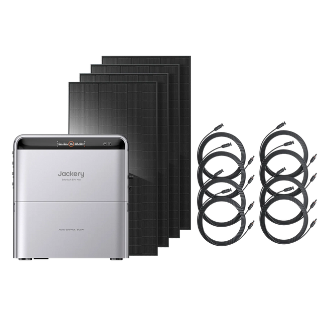 Jackery Solar Battery with a silver and black portable home battery Storage, 4 pieces 500W black solar panels, and 8 10M solar extension cables on a white background.
