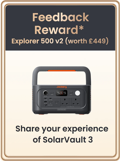 Promotional graphic for a Jackery Explorer 500 v2 feedback reward, showing the portable power station centered on a cream background with a dark gray header reading 'Feedback Reward* Explorer 500 v2 (worth £449)' and text below inviting experience sharing.