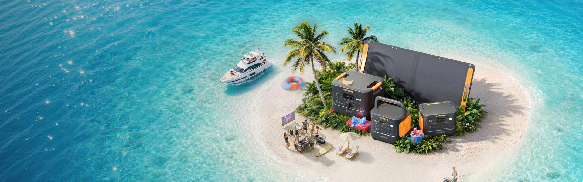 Three portable power stations of Jackery and a large folding solar panel arranged on a tropical beach with palm trees, lounge chairs, and ocean water in the background.
