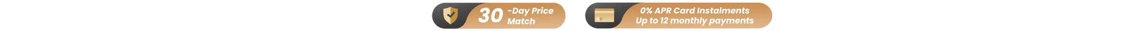 A close-up horizontal banner showing a gold and black circular icon with the text '30 day price match' and '0% APR Card Instalments up to 12 monthly payments '.