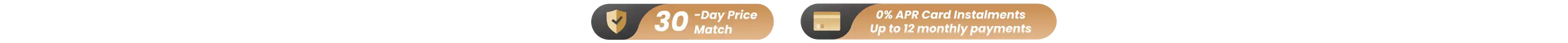 A close-up horizontal banner showing a gold and black circular icon with the text '30 day price match' and '0% APR Card Instalments up to 12 monthly payments '.