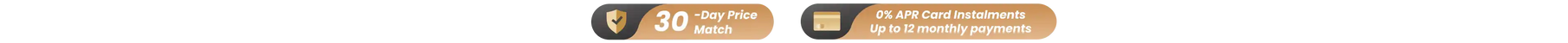 A close-up horizontal banner showing a gold and black circular icon with the text '30 day price match' and '0% APR Card Instalments up to 12 monthly payments '.