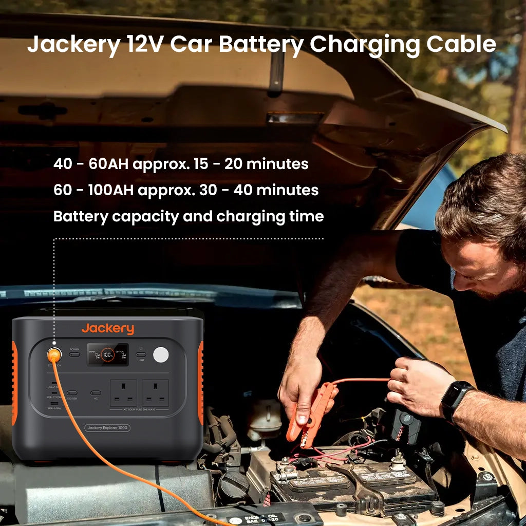 Person charging a car battery with Jackery 12V car battery charging cable
