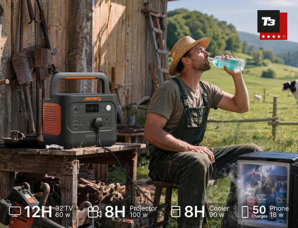 Farmer taking a water break during a heatwave beside a Jackery portable power station powering a fridge for chilled drinks.