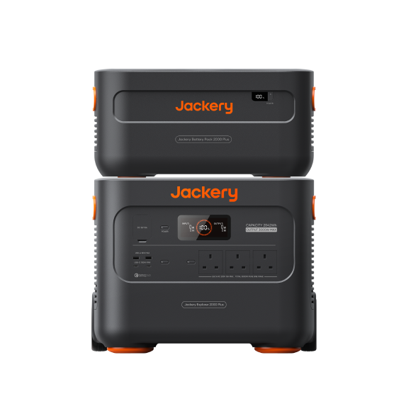 Jackery Explorer 2000 Plus power station with an expansion battery, stacks to 4kWh